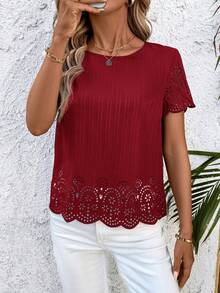 SHEIN Clasi Áo sơ mi mùa hè cỡ lớn, màu trơn, kiểu dáng thoải mái, khoét lỗ. - Đỏ - Xem 4