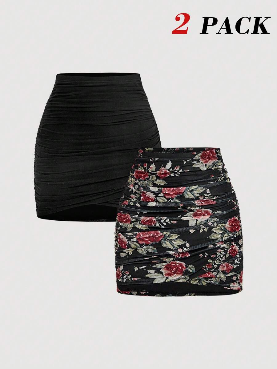 SHEIN MOD 2件套女士优雅度假风纯色及印花褶裥修身中长裙 - 彩色 - 查看 1