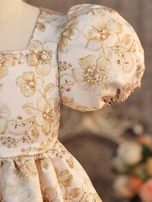 SHEIN Đầm thanh lịch tay phồng họa tiết hoa jacquard trang trí nơ cho bé gái - Rượu sâm banh - Xem 6