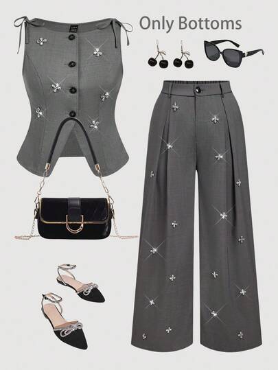 SHEIN MOD 大码优雅灰色水钻装饰女式办公室长裤