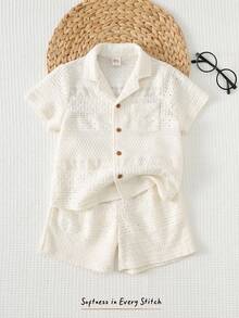 Cozy Pixies Bộ 2 món cho bé trai, màu trơn, kiểu dáng thường ngày, cổ polo, tay ngắn và quần short cạp chun. - Màu be - Xem 10