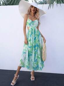 Aveloria Modichic 花卉印花镂空腰部开衩大腿吊带连衣裙度假装女装 - 綠色 - 查看 5