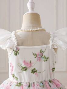 SHEIN Glamorique Kids 女童优雅吊带荷叶边袖刺绣网纱花卉装饰腰部A字公主裙，适合节日派对、生日礼物、度假、夏季穿着 - 白色 - 查看 5