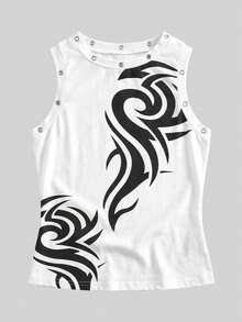 Shutterstock Y2Kool Valentine's Day Women's Fashion Streetwear Printed Lace-Up Sleeveless Top Summer Snap-Button Printed Sporty Party Top White Printed Tank Top Metal Lace-Up Top Styling Inspiration Fashion Collection New Year Outfits Hot Chick Cotton Pieces - White - View 3