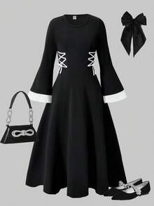 Teen GirlMiddle Eastern Style Waist Cinched Elastic Knit Dress, Elegant For Party And Urban Occasions - Black - View 8