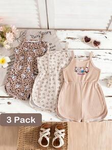 SHEIN 3pcs Baby Girls' Comfortable Casual Suspender Cartoon Print Earthy Tone Heart Print Romper, Stretchy Ribbed Knit Fabric, Soft & Skin-Friendly, Suitable For Daily & Home Wear, Spring