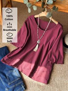 Rusticease Camisa asimétrica de talla grande color rojo rosa para ropa de otoño - Rosa Roja - Ver 4