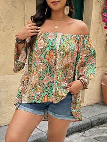 Breezaya 大码女式极简时尚梭织七分袖露肩复古宽松衬衫，适合休闲场合，包括女士上衣和衬衫、夏季波西米亚风穿搭以及夏季女式上衣。 - 彩色 - 查看 4