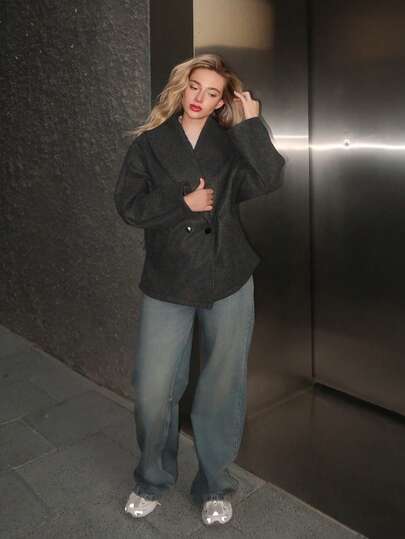 Turnttoni New Arrival Grey Elegant Lapel Coat, varm för höst och vinter