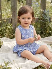SHEIN Vintaside Kids 两件套女婴可爱休闲格子吊带背心和短裤套装，适合户外活动 - 藍色 - 查看 5