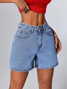 SHEIN PETITE Shorts vaqueros casuales y versátiles para ir al trabajo con bolsillos para mujer - Lavado ligero - Ver 5