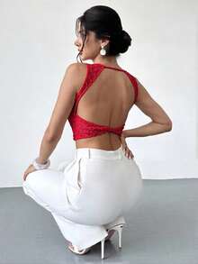 Firerie Women's Apricot Crew Neck Sleeveless Backless T-Shirt Top, Textured Fabric Top, Summer Top, Women's Casual Vacation Top - Red - View 6