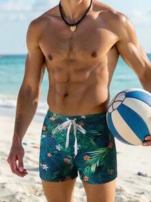 Manfinity Swimmode Men's Tropical Plant Print Elastic Waist Beach/Pool Swim Trunks  Men Swim Trunks Board Shorts With Compression Liner Bathing Suit Quick Dry  ,Hawaiian - Green - View 3