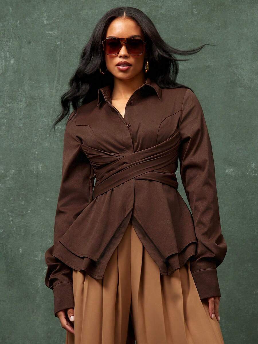 Vixey Brown Wrap Around Cinched Waist Double Peplum Hem Button Down Collar Office Shirt - Brown - View 1