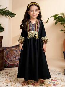 SHEIN Young Girl' Apricot Long Sleeve Totem Print Dress, Suitable For Vacation, Daily Wear, Spring And Summer - Black - View 3