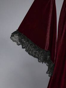 ROMWE SpringGothic Elegant Palace Style Deep V-Neck High Slit Oversized Bell Sleeve Lace & Velvet Patchwork Fitted Jacket - Burgundy - View 4