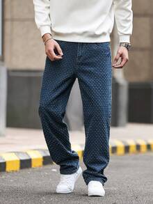 Manfinity Homme 男士休闲日常纹理斜插口袋直筒牛仔裤 男士蓝色图案牛仔裤 - 藍色 - 查看 7