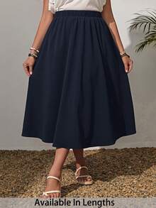 SHEIN PETITE CURVE Plus Size Solid Color Elastic Waist Swing Loose Summer Fashion All-Match Skirt - Navy Blue - View 6