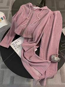 Resyla Princess Seam Fitted Cropped Hoodie + Side Slit Straight Leg Pants Set - Pink - View 4