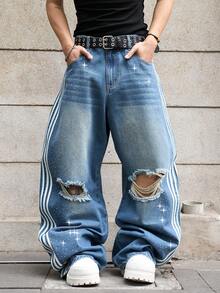 Manfinity EMRG Unisex  Distressed Pocket Design Flared Leg Jeans With Rhinestone Embellishment, Versatile For Daily Wear - Medium Wash - View 6
