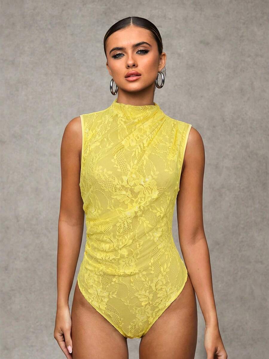SHEIN BAE Black Lace Sleeveless Open Shoulder Ruched Bodysuits, Autumn, Halloween - Yellow - View 1