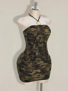 SHEIN ICON Plus Size Retro Sexy Country Y2K Streetwear Camouflage Halter Bodycon Mini Dress For Women Neck Camo Casual Date Night Rave Concert Olive Green Summer - Multicolor - View 5