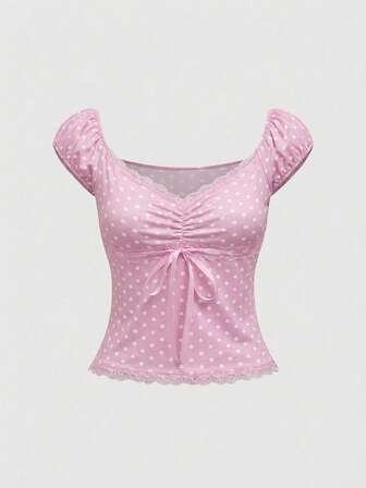 Goth Camiseta ajustada versátil para mujer con cuello en V, lazo decorativo y lunares en contraste