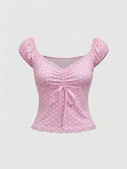 ROMWE Goth Spring/Summervalentine's Daypolka DotV-Neck Bow Decor Contrast Polka Dot Women Slim Fit Versatile T-Shirt