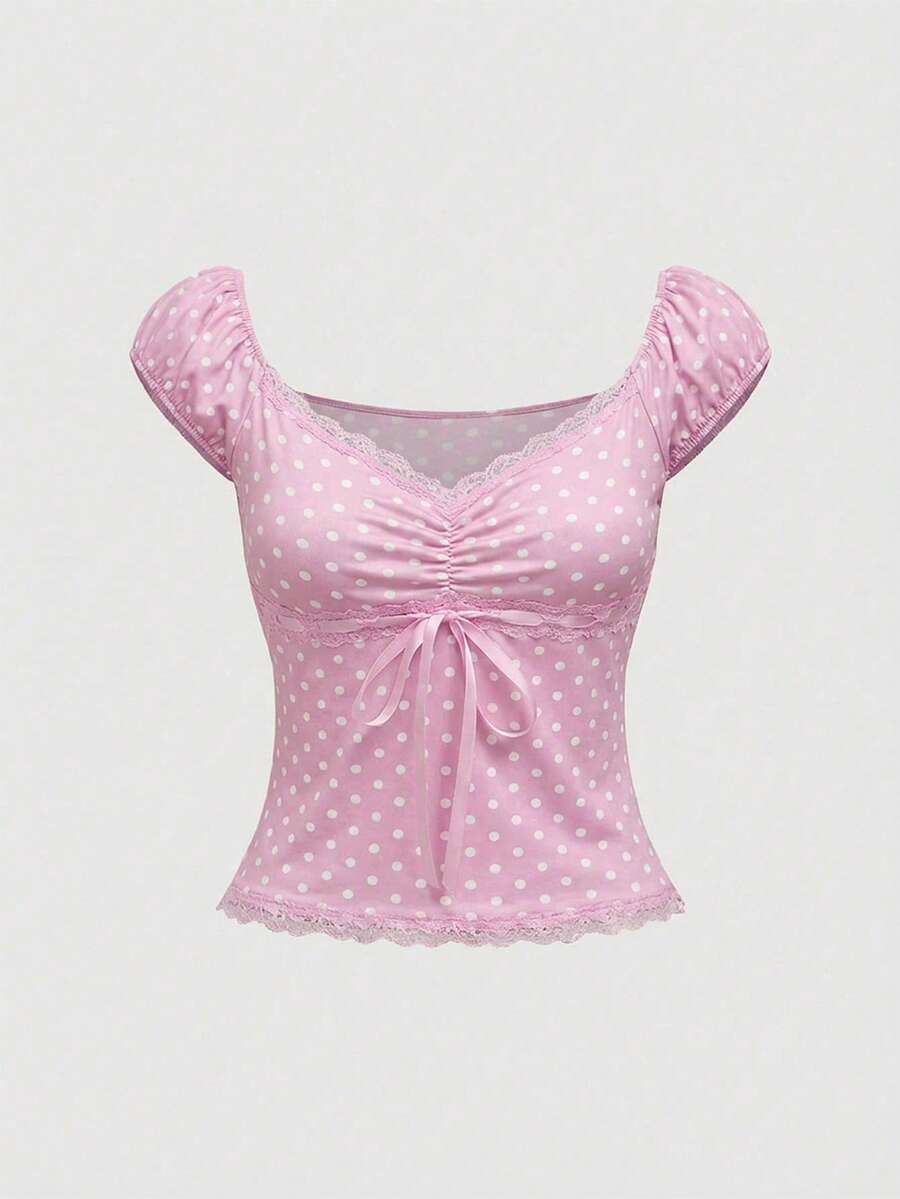 ROMWE Goth V领蝴蝶结装饰撞色波点女士修身百搭T恤 - 粉色 - 查看 1
