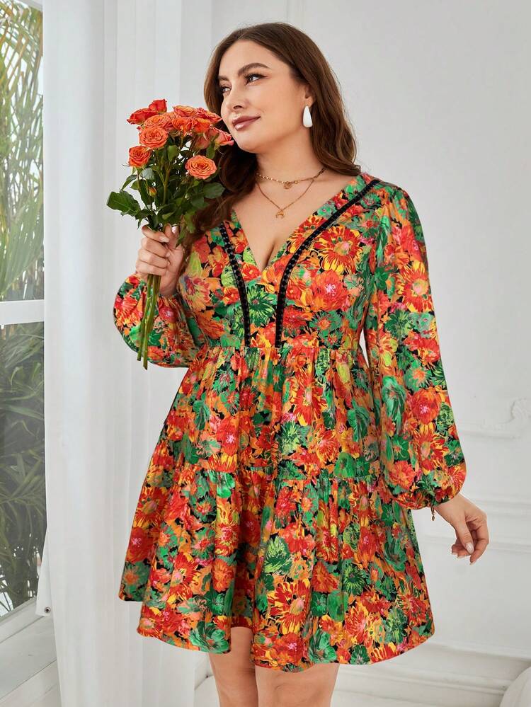 SHEIN VCAY 大码女式碎花露背系带灯笼袖时尚连衣裙 - 黑色 - 查看 6