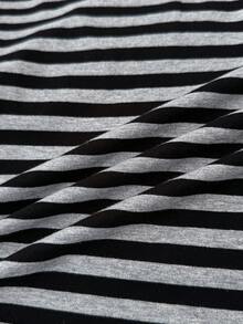 Teen Girls' Black & Gray Striped Crew Neck Contrast Lace Short Sleeve Cropped Waist Ruched Casual Street Tee