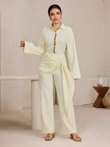 Graceveil Ensemble 2 pièces femme composé d'une chemise à manches longues à boutons avec patchs pailletés et épaules tombantes, et d'un pantalon large