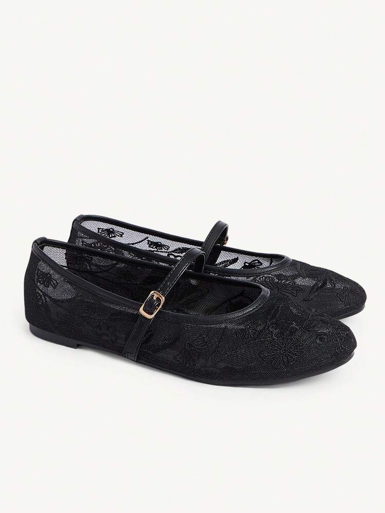 CUCCOO CHICEST Women Shoes Black PU Mesh Embroidery Fashionable Elegant Flat Shoes