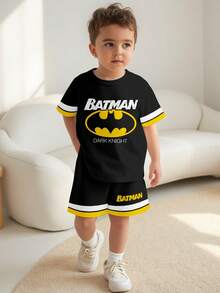 BATMAN X SHEIN Young Boy Letter Graphic Striped Trim Tee & Shorts - Multicolor - View 1