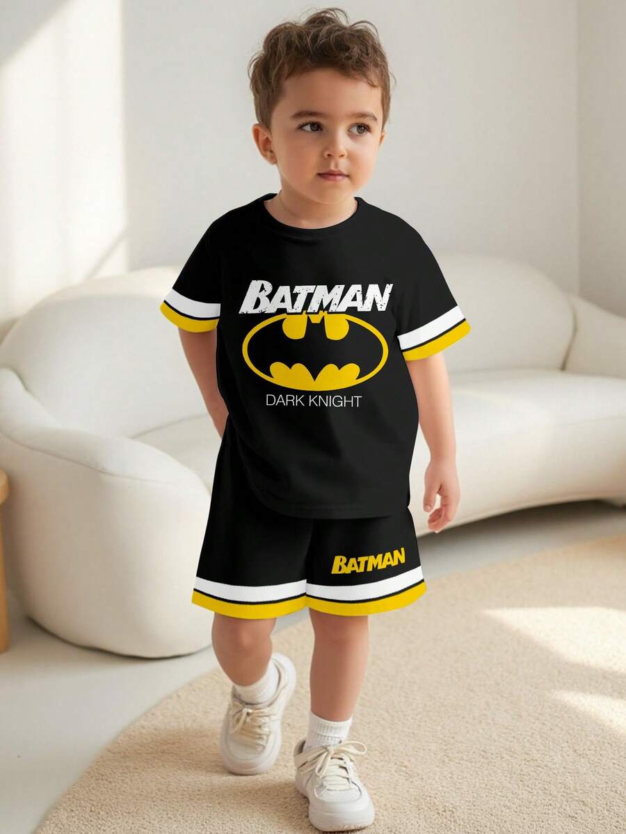 BATMAN X SHEIN Young Boy Letter Graphic Striped Trim Tee & Shorts - Multicolor - View 1