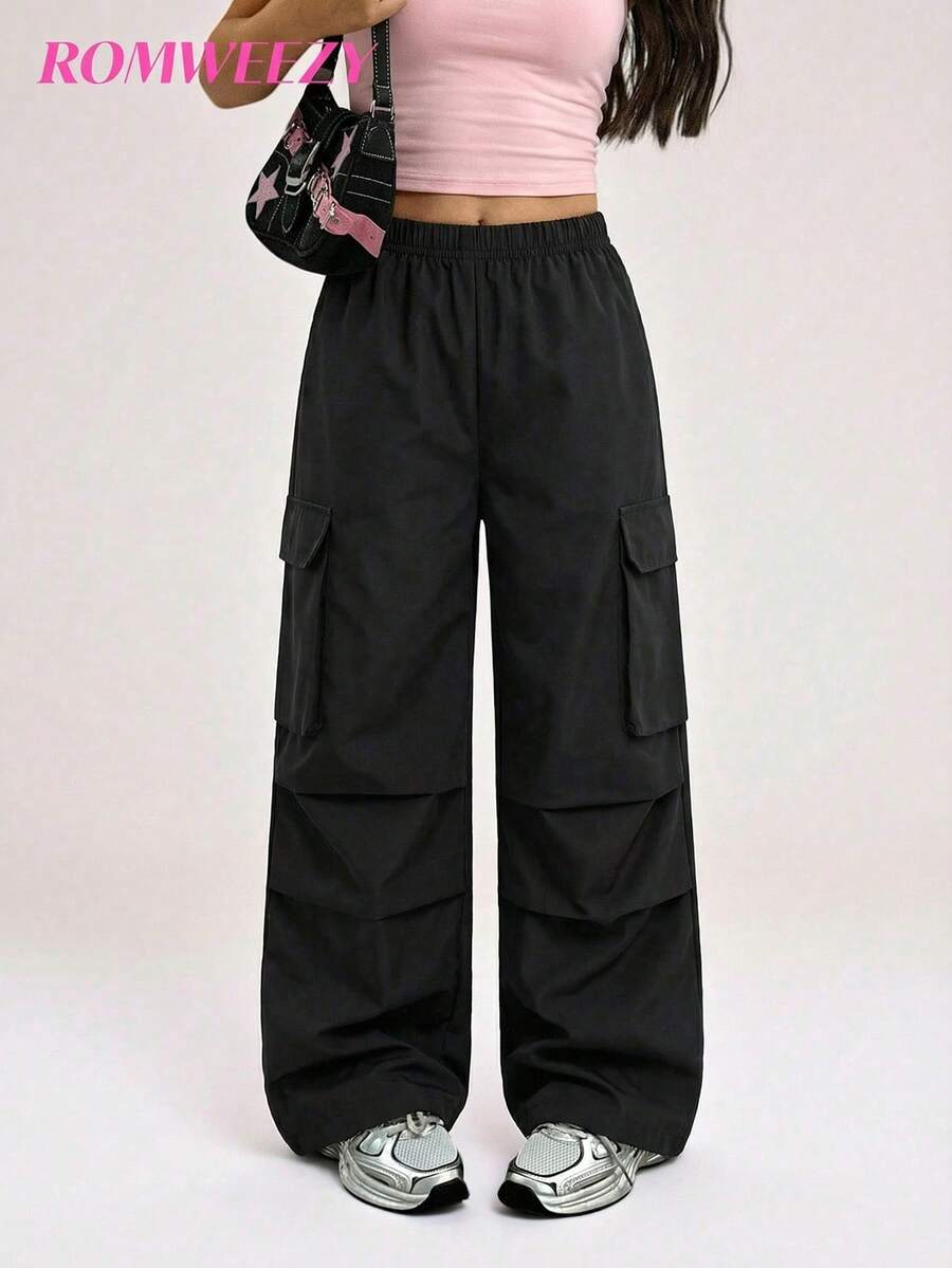 SHEIN Pantalones casuales de unicolor para niñas preadolescentes - Negro - Ver 1