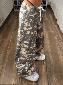 StreetHx Casual Street Style Drawstring Camouflage Distressed Low Waist Jeans