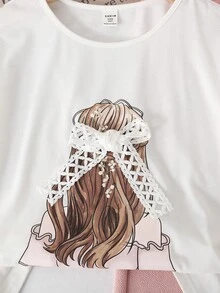 SHEIN 少女休闲可爱卡通图案蕾丝蝴蝶结宽松T恤和配套裤子套装 - 粉色 - 查看 5