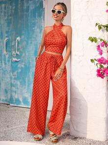 Vivid Eden 女士菱形图案露背吊带无袖上衣和斜插口袋长裤两件套 - 橘色 - 查看 3