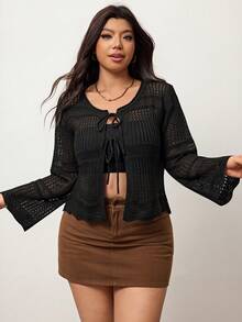 Enliva Cardigan Wanita Lengan Panjang Pendek Longgar dengan Ikat Depan Rajutan Ukuran Plus untuk Liburan, Cocok untuk Musim Dingin dan Gugur, Sedikit Transparan, untuk Bentuk Tubuh Apel & Bulat - Hitam - View 3