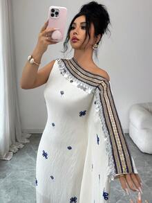 Yasmyna 女士条纹缎带拼接亮片不对称肩部优雅阿拉伯连衣裙 - 白色 - 查看 1