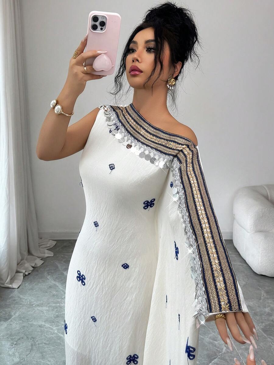 Yasmyna 女士条纹缎带拼接亮片不对称肩部优雅阿拉伯连衣裙 - 白色 - 查看 1