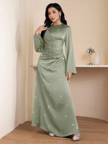 Veilorie Đầm nữ thanh lịch cổ tròn tay xòe eo nhún bèo đính đá hoa văn. - màu xanh lá - Xem 3