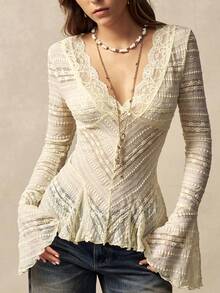 Bohemela 女士撞色蕾丝V领长袖修身时尚T恤 - 杏色 - 查看 1