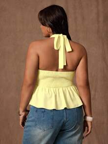 Rustia Áo không tay cổ chữ V sâu, viền bèo nhún, màu trơn dành cho nữ cỡ lớn, thích hợp mặc thường ngày hoặc đi làm. - Màu vàng ngỗng - Xem 2