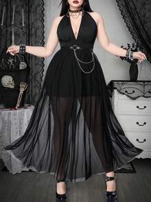 Whyspr Sexy Bodycon-Kleid in Große Größen mit V-Ausschnitt und rückenfreiem Design, eleganter Stil für Frühling/Sommer - Schwarz - Übersicht 1