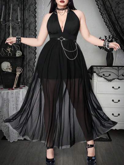 Whyspr Vestido ajustado con escote en V y espalda descubierta, de estilo elegante para primavera/verano, talla grande