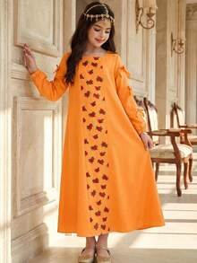 SHEIN Tween Girl Orange Floral Ombre Rose Pattern Patchwork Bow Decor Loose Wide Neck Long Sleeve Robe,Autumn Modest Wedding Guest Arabian Long Dress - Orange - View 5