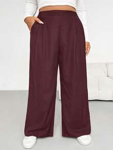 Shapeblank Quần ống rộng màu đen dành cho nữ cỡ lớn, thời trang thu đông, dáng rộng thoải mái, cơ bản, đa năng, tôn dáng, chất liệu vải mềm mại, cạp chun, thích hợp mặc hàng ngày, phối đồ mùa thu, quần nữ, kiểu dáng đơn giản. - Màu Đỏ Sâu - Xem 5