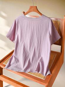 SHEIN LUNE 女士花卉刺绣V领休闲百搭通勤短袖衬衫，V领女式衬衫，休闲上衣，夏季波西米亚风上衣，棉质夏季上衣，女士上衣和衬衫，女士休闲衬衫，现代女士夏季上衣，女士棉质上衣，休闲夏季上衣，最新款女士上衣，乡村风女装 - 粉色 - 查看 2